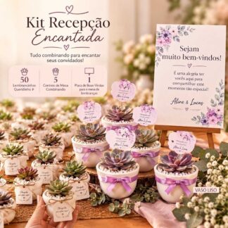 Kit Recepção Encantada: 50 Lembranças Queridinho P + 5 Centros de Mesa + 1 Placa de Boas-Vindas